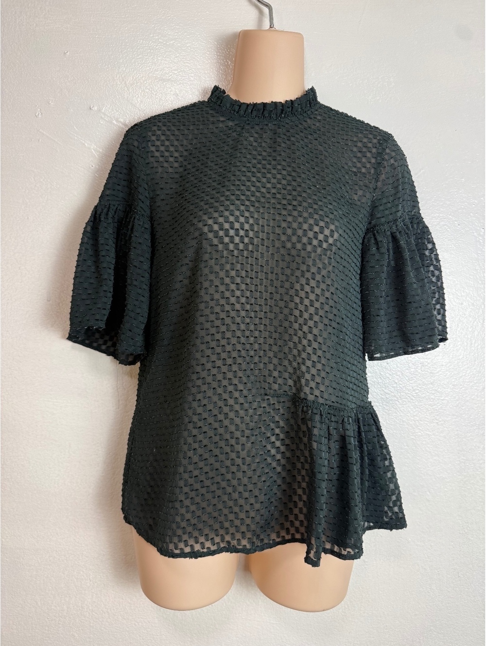 H&M Black Sheer Textured Ruffle Peplum Blouse US 2 Bell Sleeve Top